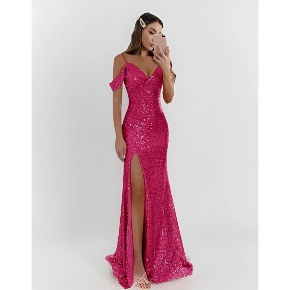 Hot Pink Off Shoulder Sequins Mermaid Dress 12 Long Gown Sexy High Slit Prom NEW